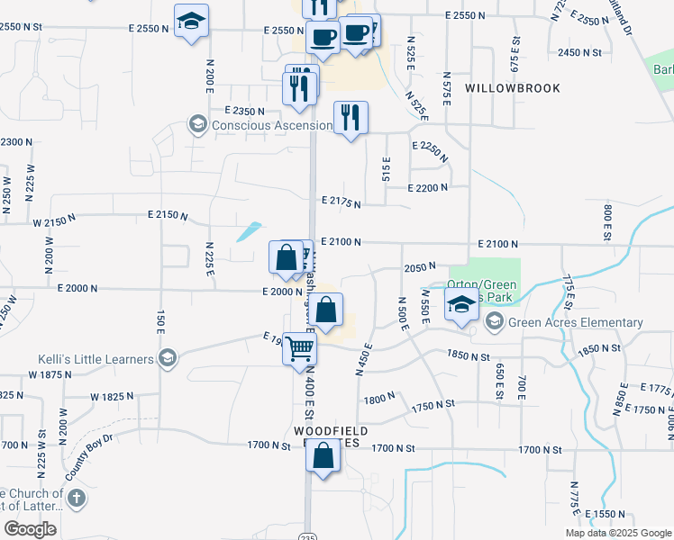 map of restaurants, bars, coffee shops, grocery stores, and more near 422 East 2050 North in North Ogden