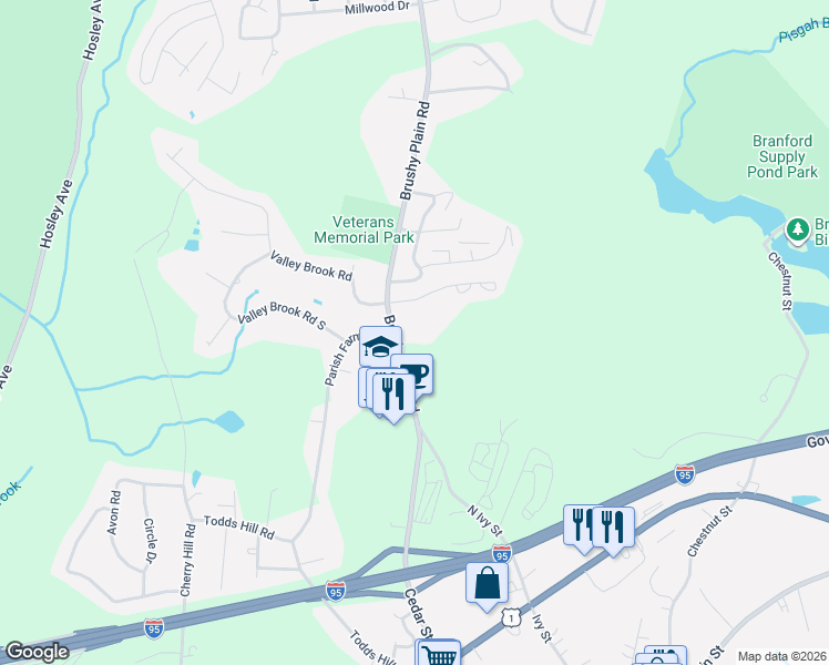 map of restaurants, bars, coffee shops, grocery stores, and more near 43 Brushy Plain Road in Branford