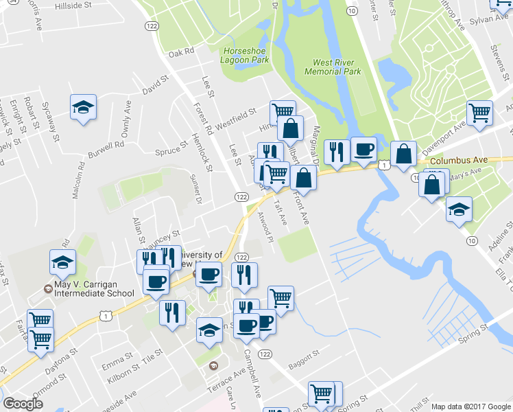 map of restaurants, bars, coffee shops, grocery stores, and more near 215 Boston Post Rd in West Haven