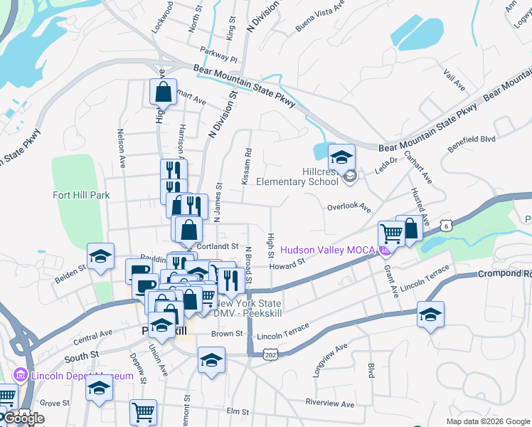 map of restaurants, bars, coffee shops, grocery stores, and more near 254 High Street in Peekskill