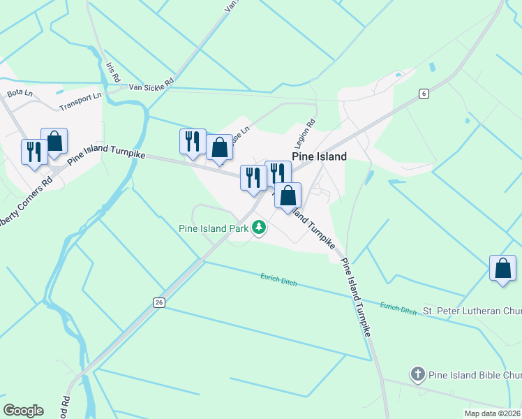 map of restaurants, bars, coffee shops, grocery stores, and more near 20 Kay Road in Pine Island