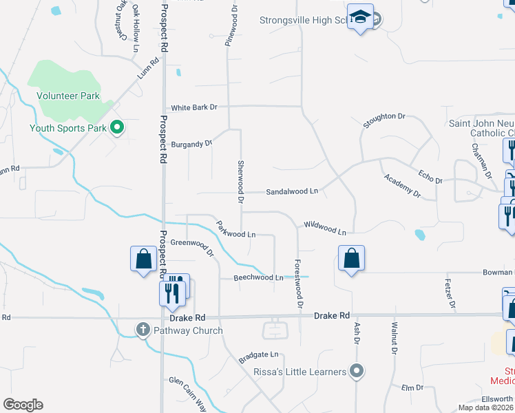 map of restaurants, bars, coffee shops, grocery stores, and more near 20759 Forestwood Drive in Strongsville