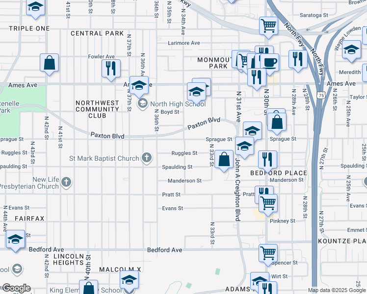 map of restaurants, bars, coffee shops, grocery stores, and more near 4004 North 34th Avenue in Omaha