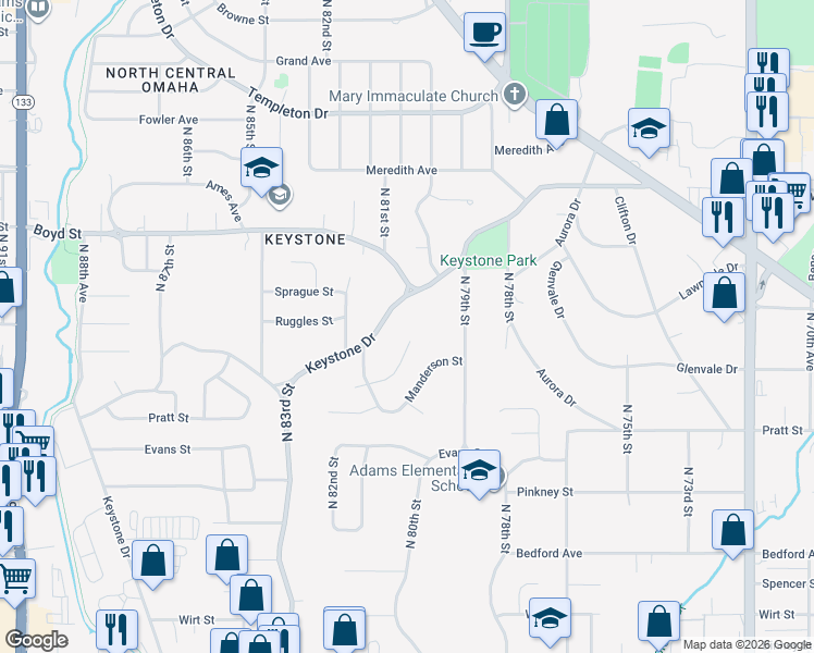 map of restaurants, bars, coffee shops, grocery stores, and more near 8018 Spaulding Circle in Omaha