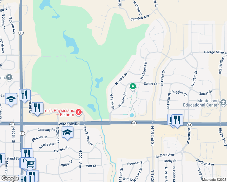 map of restaurants, bars, coffee shops, grocery stores, and more near 19407 Sprague Circle in Elkhorn