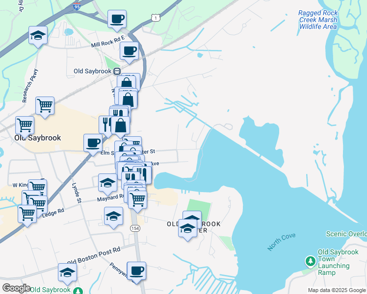 map of restaurants, bars, coffee shops, grocery stores, and more near 81 Coulter Street in Old Saybrook