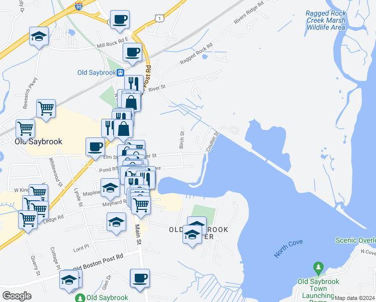 map of restaurants, bars, coffee shops, grocery stores, and more near 81 Coulter Street in Old Saybrook