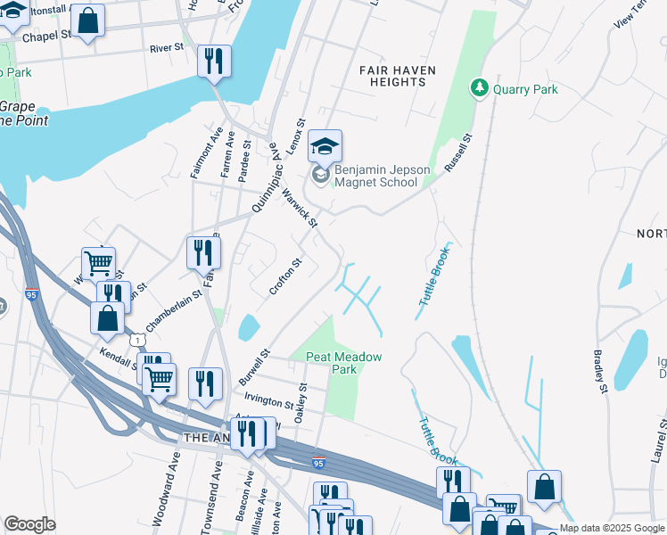 map of restaurants, bars, coffee shops, grocery stores, and more near 215 Burwell Street in New Haven