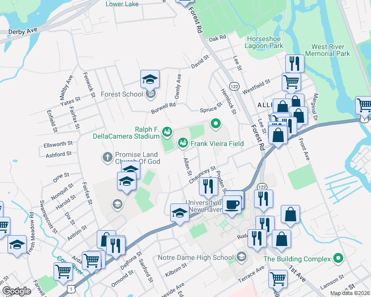 map of restaurants, bars, coffee shops, grocery stores, and more near 208 Rockdale Road in West Haven