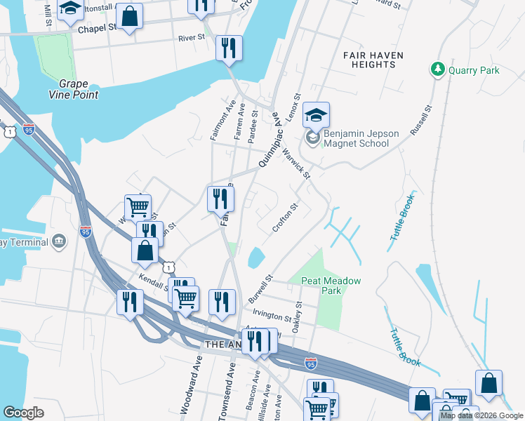 map of restaurants, bars, coffee shops, grocery stores, and more near 93 Judith Terrace in New Haven