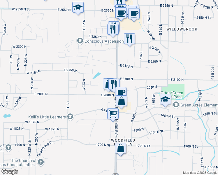 map of restaurants, bars, coffee shops, grocery stores, and more near 352 East 2050 North in North Ogden