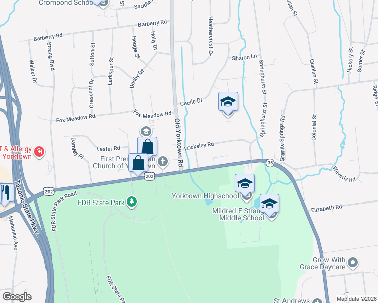 map of restaurants, bars, coffee shops, grocery stores, and more near 2611 Flagg Place in Yorktown Heights