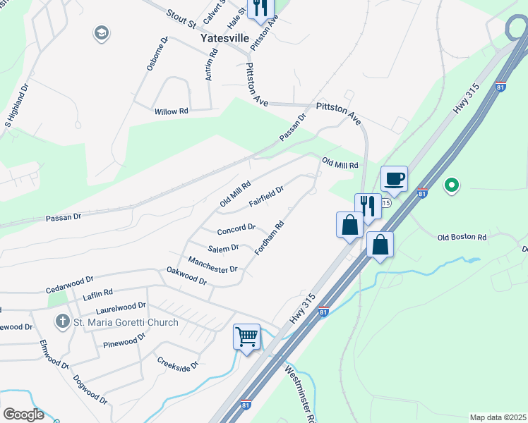 map of restaurants, bars, coffee shops, grocery stores, and more near 19 Fairfield Drive in Wilkes-Barre