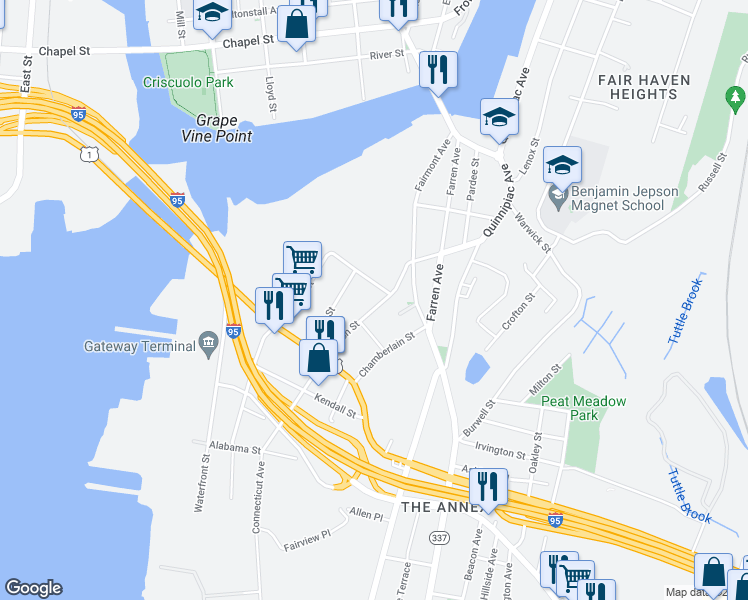 map of restaurants, bars, coffee shops, grocery stores, and more near 76 Fulton Street in New Haven