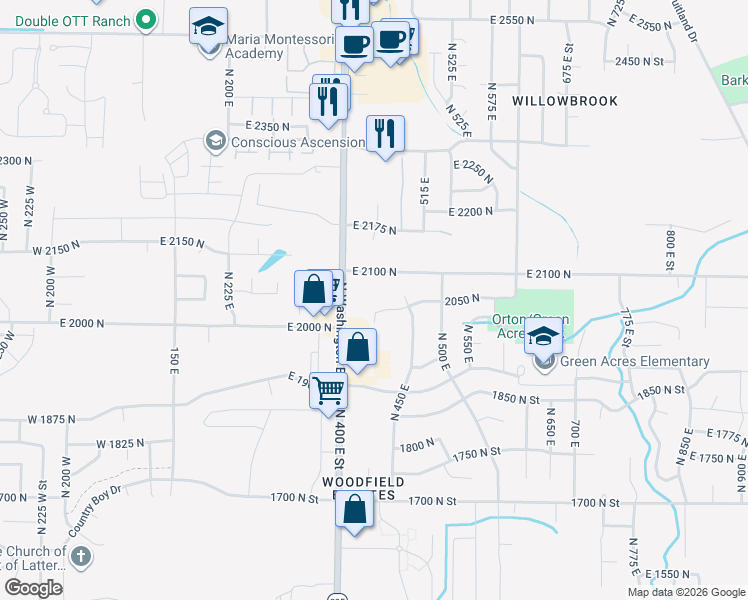 map of restaurants, bars, coffee shops, grocery stores, and more near 422 East 2050 North in North Ogden
