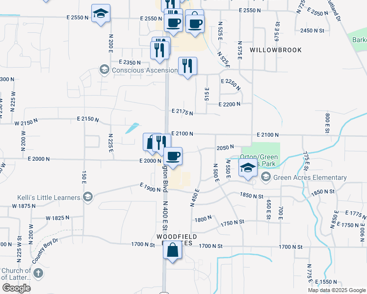 map of restaurants, bars, coffee shops, grocery stores, and more near 424 East 2050 North in North Ogden
