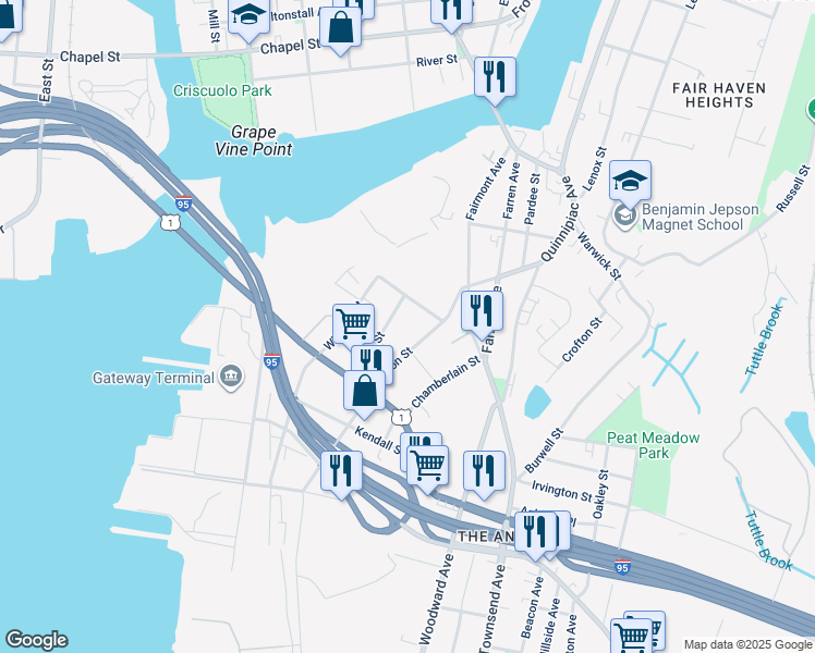 map of restaurants, bars, coffee shops, grocery stores, and more near 47 Laura Street in New Haven