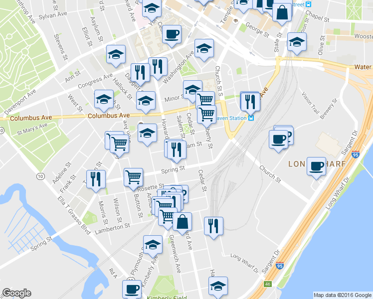 map of restaurants, bars, coffee shops, grocery stores, and more near 118 Cedar Street in New Haven