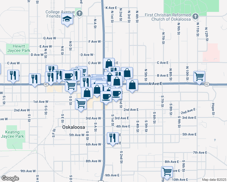 map of restaurants, bars, coffee shops, grocery stores, and more near 214 High Avenue East in Oskaloosa