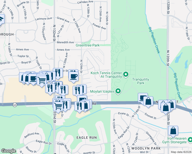 map of restaurants, bars, coffee shops, grocery stores, and more near 12635 Glenvale Plaza in Omaha