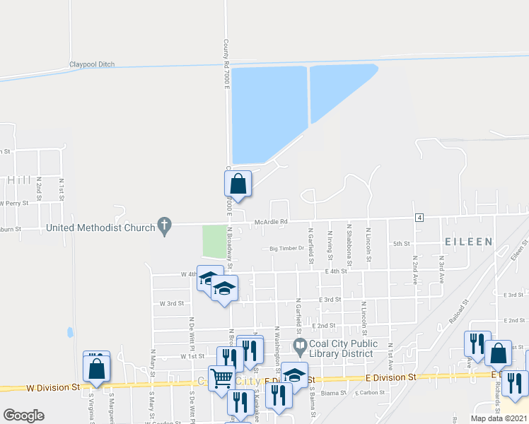 map of restaurants, bars, coffee shops, grocery stores, and more near 602 Circle Drive in Coal City
