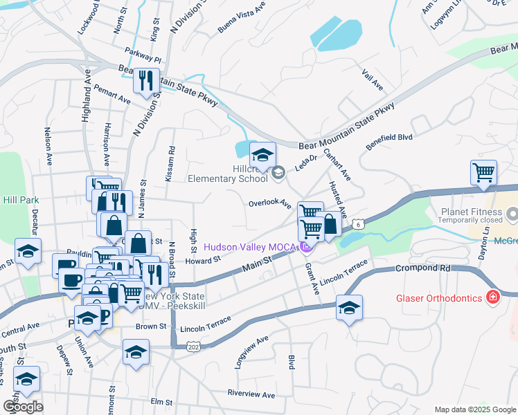 map of restaurants, bars, coffee shops, grocery stores, and more near 1654 Westchester Avenue in Peekskill