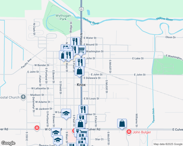 map of restaurants, bars, coffee shops, grocery stores, and more near 300-398 E Delaware St in Knox