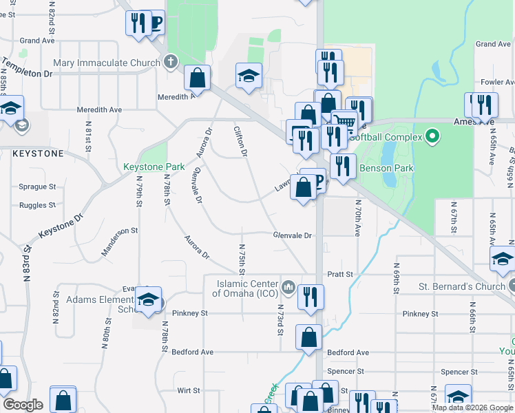 map of restaurants, bars, coffee shops, grocery stores, and more near 7430 Glenvale Drive in Omaha