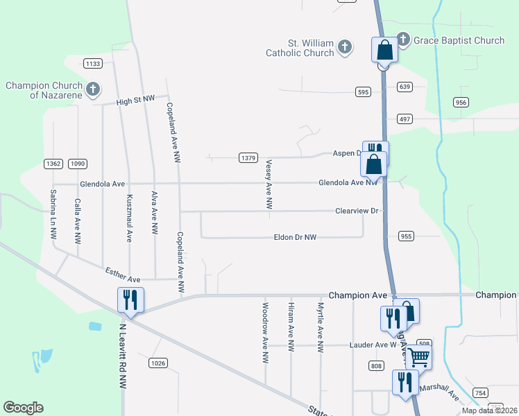 map of restaurants, bars, coffee shops, grocery stores, and more near 2301 Clearview Drive in Warren