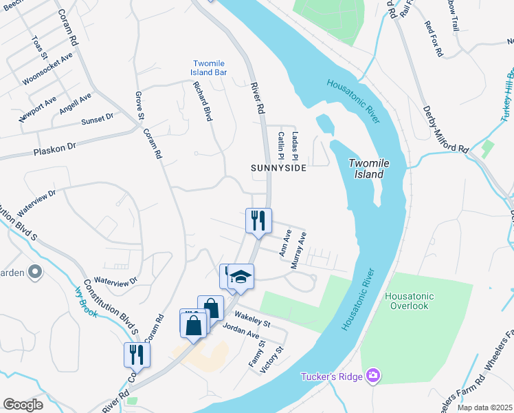 map of restaurants, bars, coffee shops, grocery stores, and more near 19 Colony Street in Shelton
