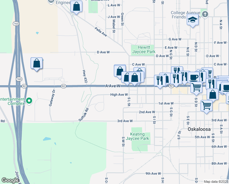 map of restaurants, bars, coffee shops, grocery stores, and more near 1416 High Avenue West in Oskaloosa