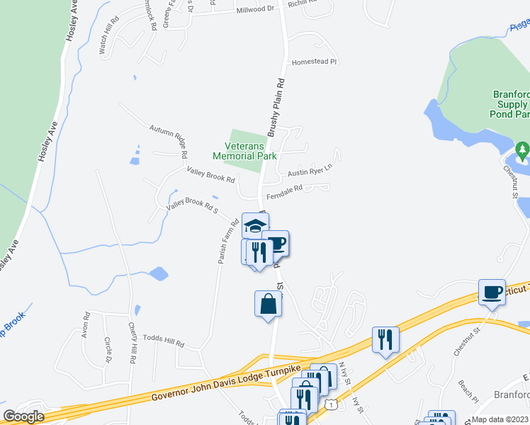 map of restaurants, bars, coffee shops, grocery stores, and more near 44 Brushy Plain Road in Branford