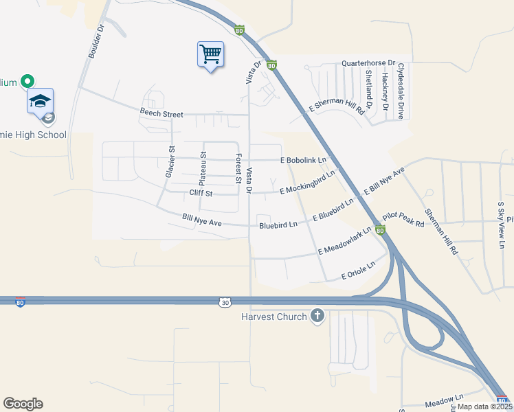 map of restaurants, bars, coffee shops, grocery stores, and more near 2200-2298 Vista Drive in Laramie