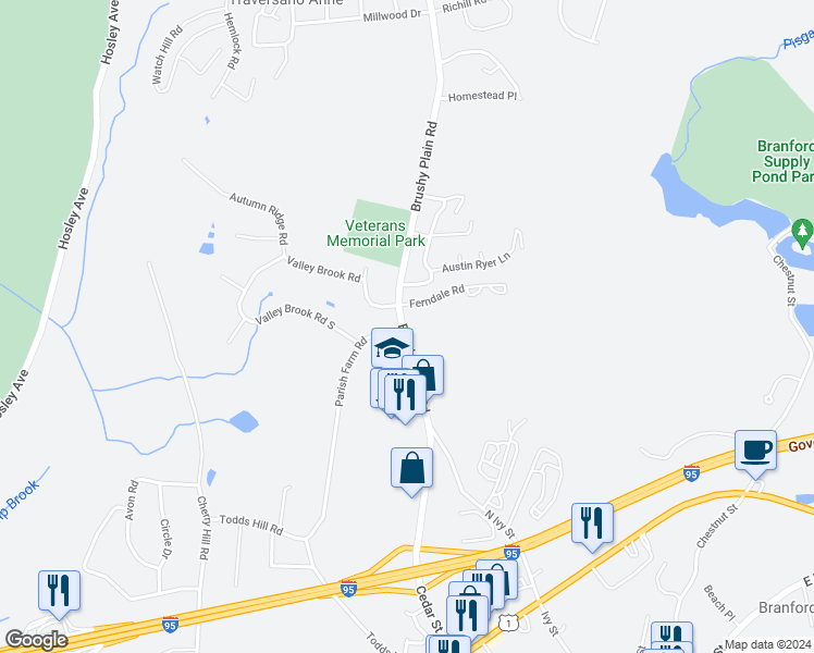 map of restaurants, bars, coffee shops, grocery stores, and more near 44 Brushy Plain Road in Branford