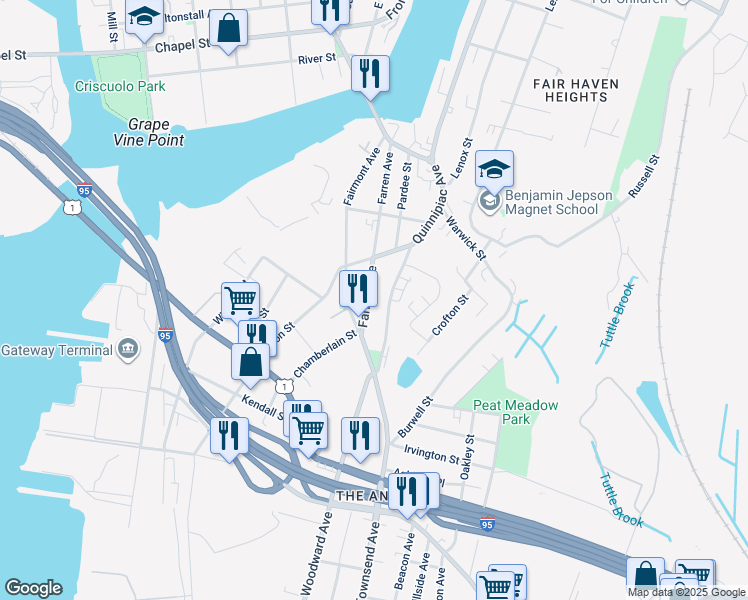 map of restaurants, bars, coffee shops, grocery stores, and more near 17 Farren Avenue in New Haven