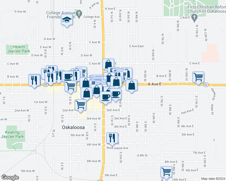 map of restaurants, bars, coffee shops, grocery stores, and more near 214 High Avenue East in Oskaloosa
