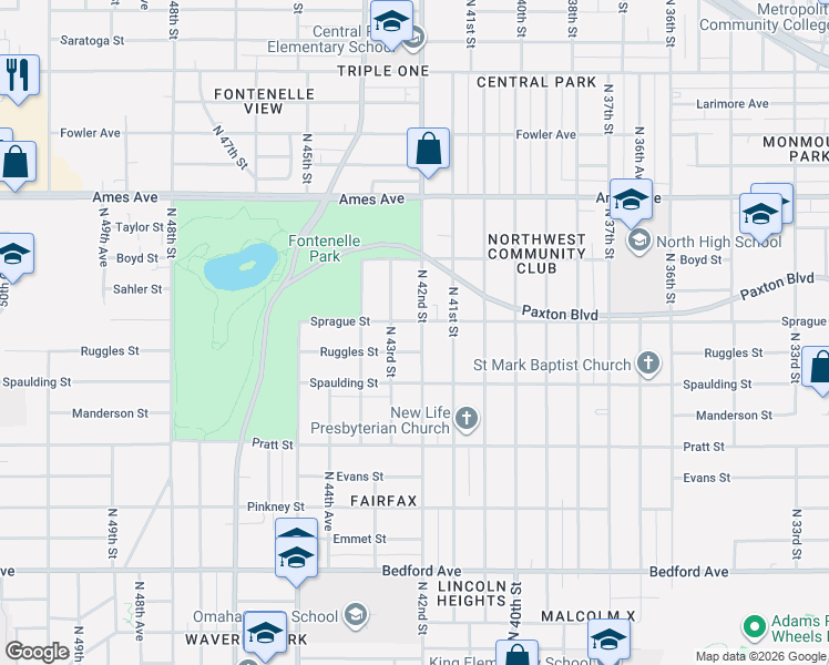 map of restaurants, bars, coffee shops, grocery stores, and more near 3928 North 42nd Street in Omaha