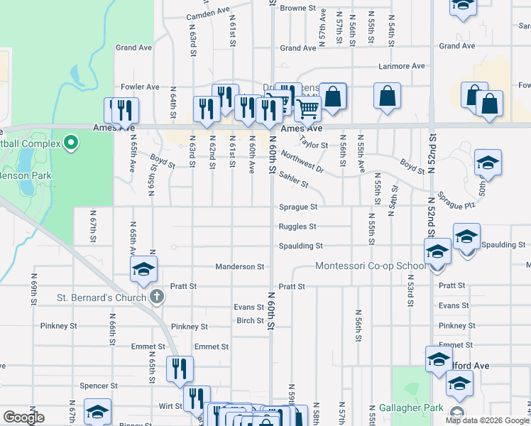 map of restaurants, bars, coffee shops, grocery stores, and more near 5850 Ruggles Street in Omaha