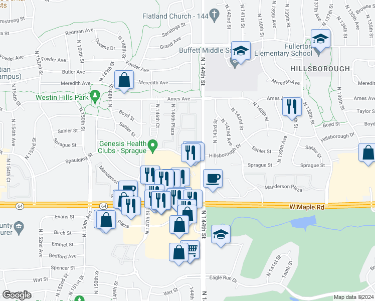 map of restaurants, bars, coffee shops, grocery stores, and more near 4018 North 144th Street in Omaha
