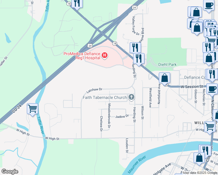 map of restaurants, bars, coffee shops, grocery stores, and more near 309 Latchaw Drive in Defiance