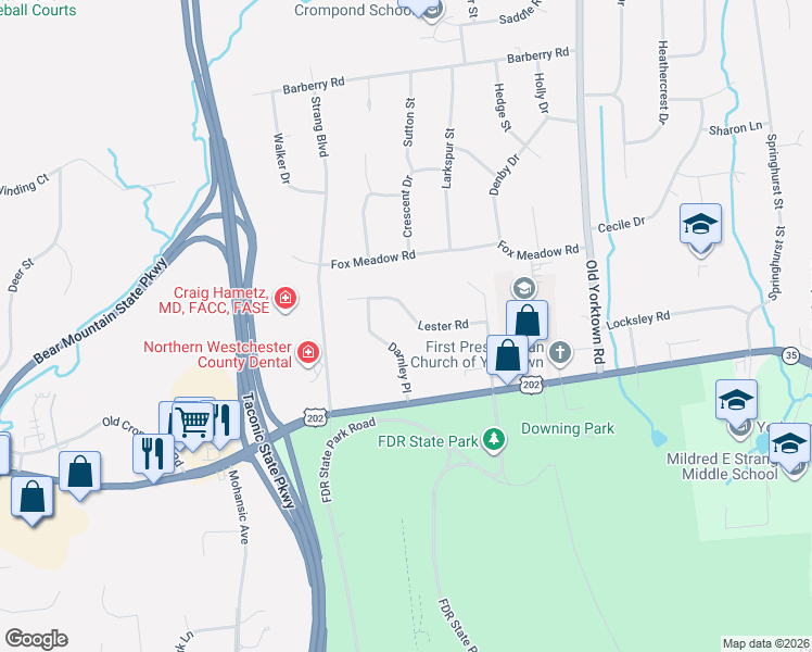 map of restaurants, bars, coffee shops, grocery stores, and more near 2625 Darnley Place in Yorktown Heights