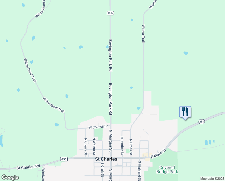map of restaurants, bars, coffee shops, grocery stores, and more near 2478 Bevington Park Road in Saint Charles