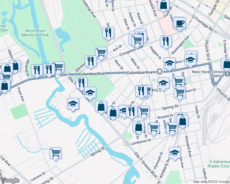 map of restaurants, bars, coffee shops, grocery stores, and more near 81 Adeline Street in New Haven