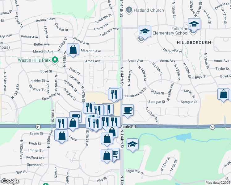 map of restaurants, bars, coffee shops, grocery stores, and more near 14441 Sprague Court in Omaha