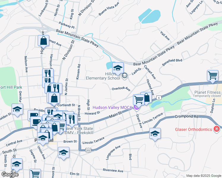 map of restaurants, bars, coffee shops, grocery stores, and more near 150 Overlook Avenue in Peekskill