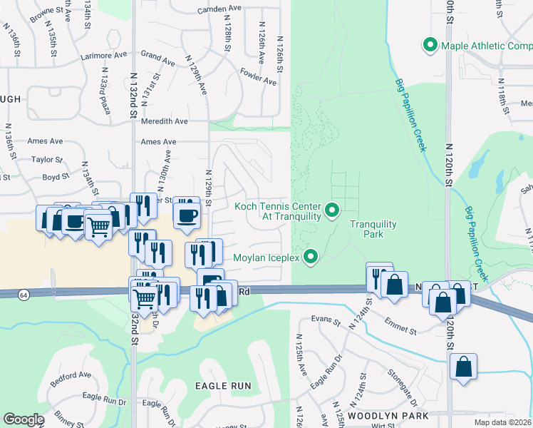 map of restaurants, bars, coffee shops, grocery stores, and more near 12534 Glenvale Plaza in Omaha