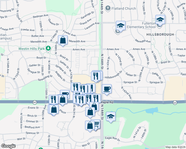 map of restaurants, bars, coffee shops, grocery stores, and more near 3950 North 144th Street in Omaha