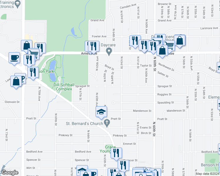 map of restaurants, bars, coffee shops, grocery stores, and more near 6329 Sprague Street in Omaha