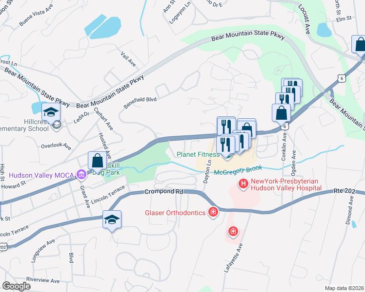 map of restaurants, bars, coffee shops, grocery stores, and more near 501 Mallard Way in Peekskill