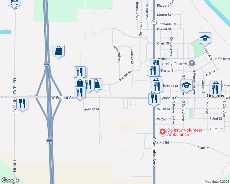 map of restaurants, bars, coffee shops, grocery stores, and more near 701-771 West Walnut Street in Oglesby